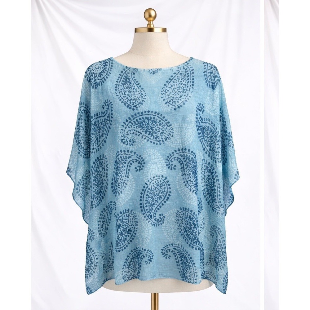 Poncho Kimono Top Vibrant Aqua Blue‎ Artsy Sheer Light Beach Vacation One Size